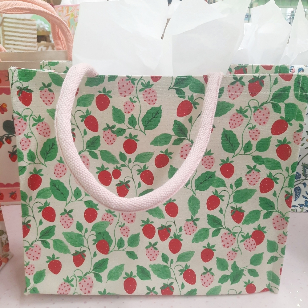 New Red, Pink, Cream & Green  Strawberry Print Canvas Tote Bag- Shopper Tote